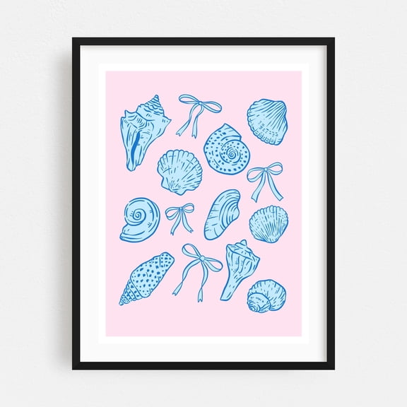 Coquette Seashells - Digital Art Marine Life Nautical Beach House Coastal Pattern Pastel Black Framed Wall Art Print 8 x 10 inches