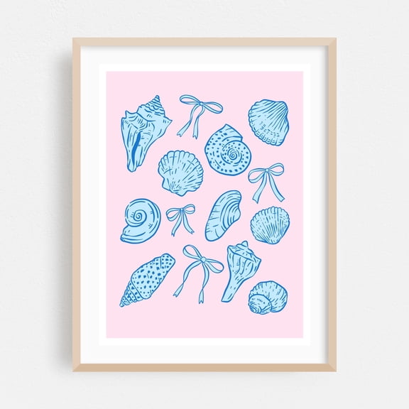 Coquette Seashells - Digital Art Marine Life Nautical Beach House Coastal Pattern Pastel Oak Framed Wall Art Print 16 x 20 inches