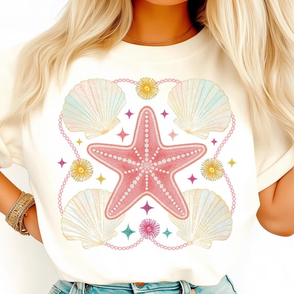 Coquette Shell Bow Shirt, Pastel Starfish Clam Shirt, Preppy Mermaidcore Summer Shirt, Retro Girly Beach Vibes Shirt