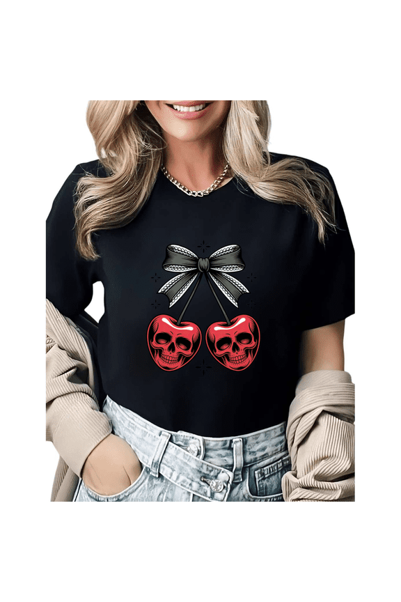 Coquette Skeleton Cherry Black Bow Graphic Tees Womans T shirt Shirts Black White S-5XL Tops