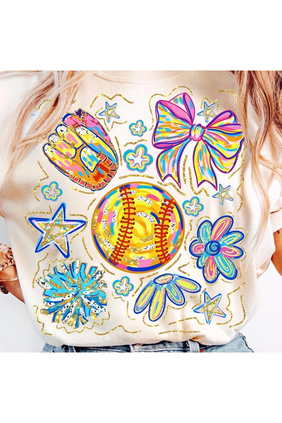 Coquette Softball Glitter Girly Game Day Bow Cheer Shirt