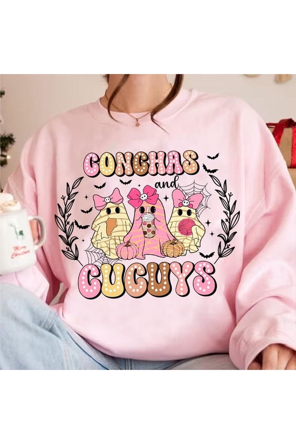 Coquette Spooky Conchas Sweatshirt, Mexican Ghost Shirt with Bow, Cute Día de Muertos Halloween SWEAT Sweatshirt, Fun Fall Graphic for Latina Vibes