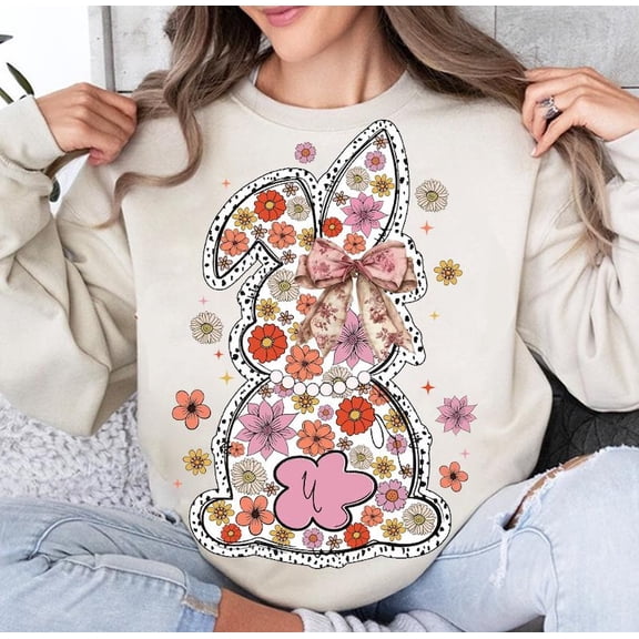 Coquette Spring Bunny Sweater, Boho Easter Floral Rabbit Grandmillennial Girly Sweatshirt
