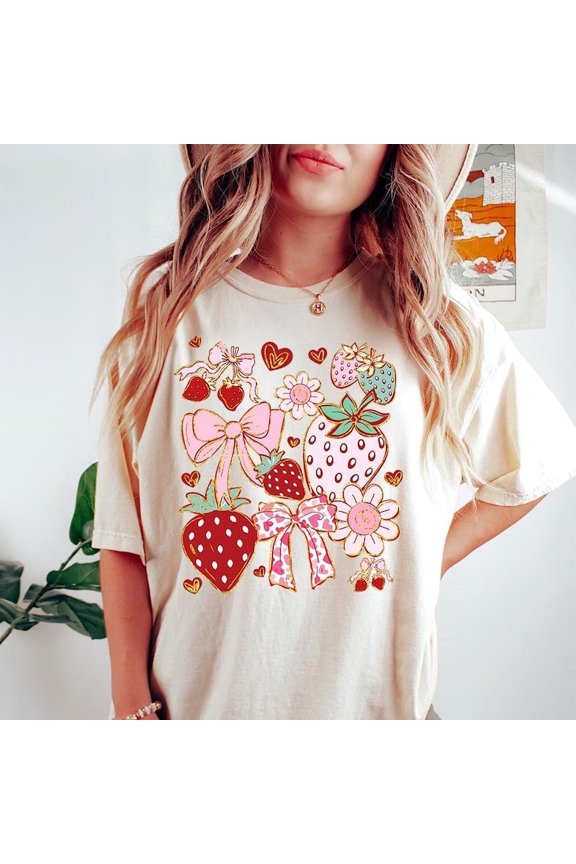 Coquette Strawberry Bow Graphic Shirt, Berry Floral Aesthetic Tee, Cottagecore Summer Fruit Lover Shirt Comfort Colors Unisex Cotton T-Shirt, Size S-3XL