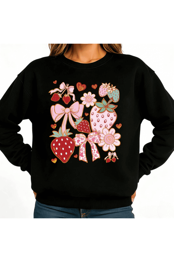 Coquette Strawberry Bows Womans Print Sweatshirt Graphic Sweatshirt Black White S-3XL Fruit Casual Tops