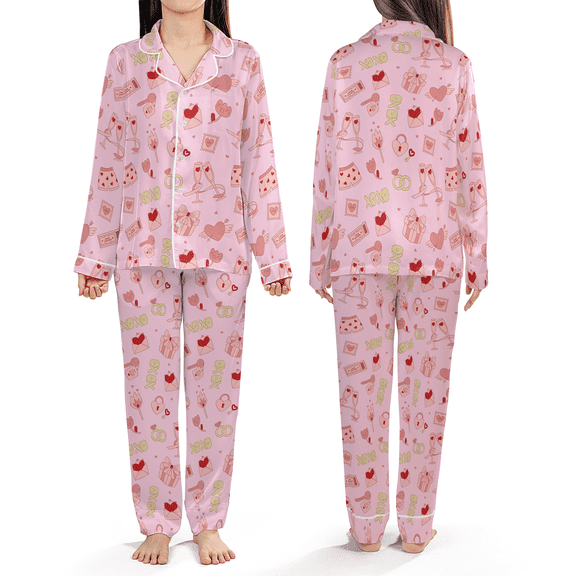 Coquette Style Pajamas, Pink Valentine Sleepwear – Heart & Love Print Pajamas, Cute Loungewear Gift