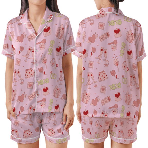 Coquette Style Pajamas, Pink Valentine Sleepwear – Heart & Love Print Pajamas, Cute Loungewear Gift