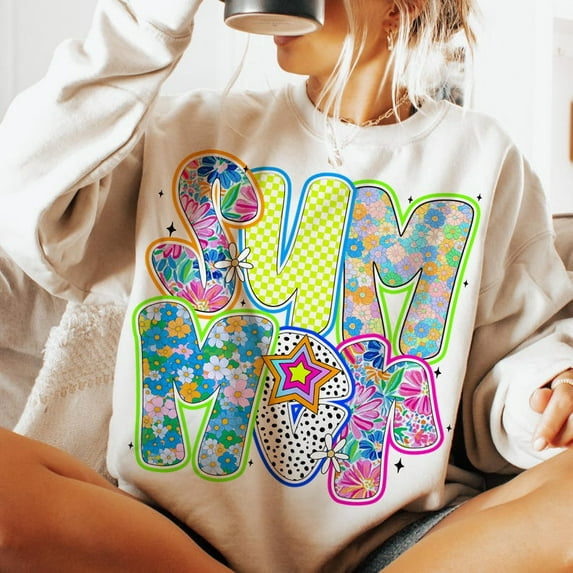 Coquette Summer Floral Sweatshirt, Retro Beach Shirt, Hello Summer Sweatshirt, Checkered Summer Vibes Shirt, Cute Brushstroke Gift