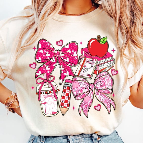 Coquette Teacher Love Heart Shirt Pink Pencil Bow Xoxo Classroom Tee Soft SAND S-5XL