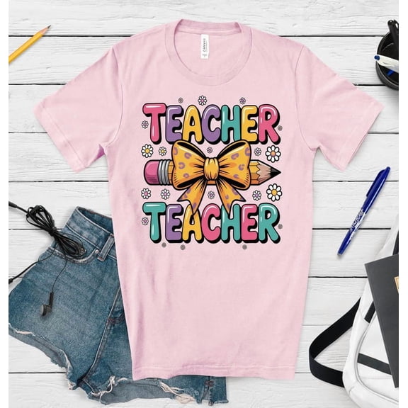 Coquette Teacher Shirt, Retro Teacher Design with Pencil and Bow, Back to School Shirt, Teacher Appreciation Gift, Cute Classroom Clipart