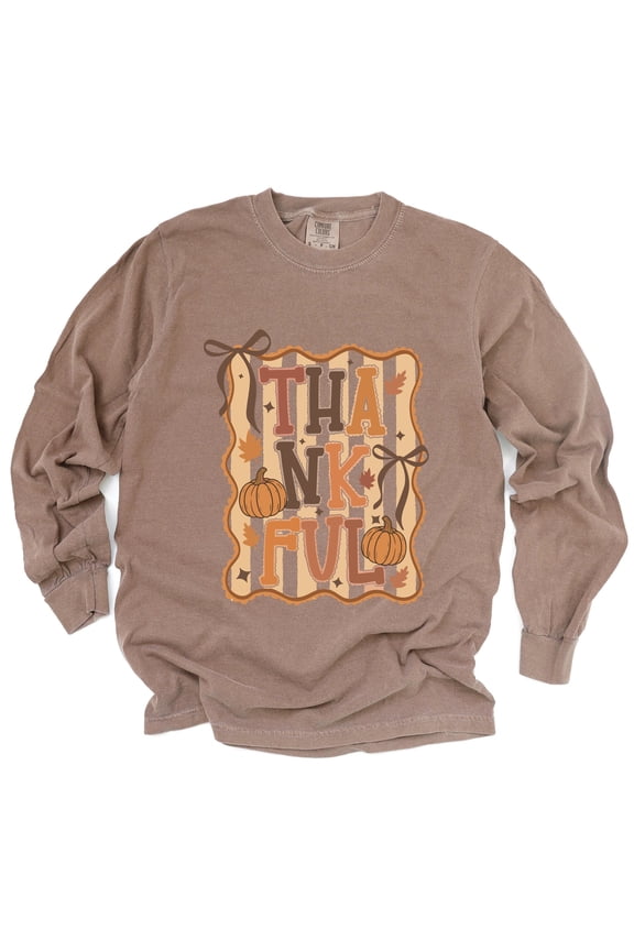 Coquette Thankful Stripes - Women's Garment Dyed Long Sleeve Graphic T-Shirt