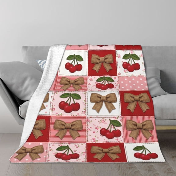 Coquette Throw Blanket Whimsical Artistic Cherries Printed Blanket for Couch Sofa, Cozy Warm Bed Decor 50x40