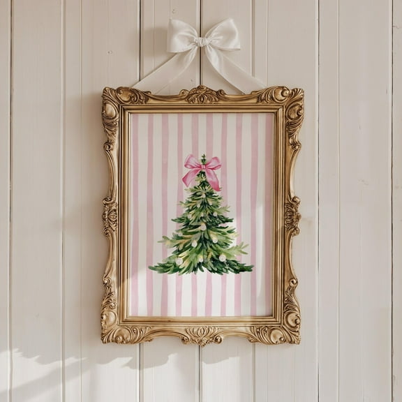 Coquette Tree Art, Pink Bow, Pink Trendy Art, Classic Xmas Decor, Wall Art, Modern Wall Decor, 8x12 UNFRAMED