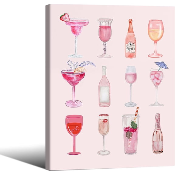 Coquette Trendy Pink Cocktail Poster Vintage Champagne Wine Bottle Wall Art 08x10 inch Framed Watercolor Canvas Prints for Living Room Bar Cart Wall Decor