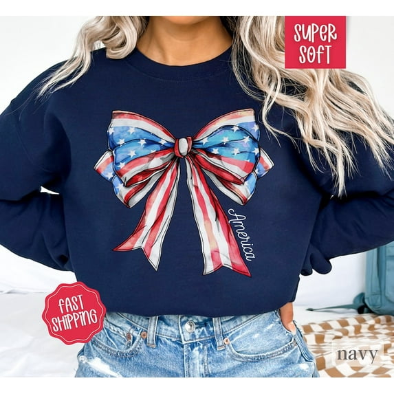 Coquette USA Bow Sweatshirt, Patriotic Bow Crewneck, 4th of July and Memorial Day Hoodie for Women
