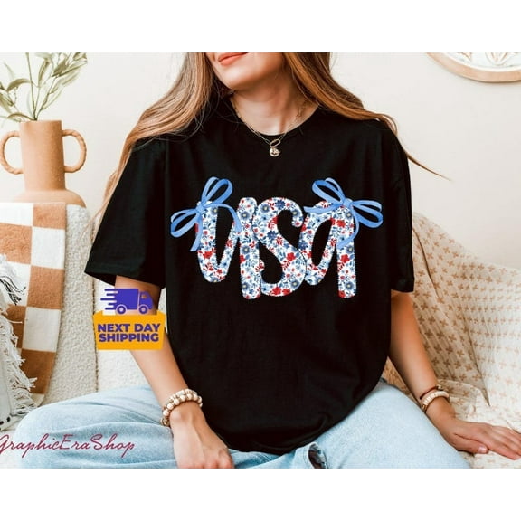 Coquette USA Shirt with Floral Bows, Cute Patriotic Tee for Women, July Holiday Gift