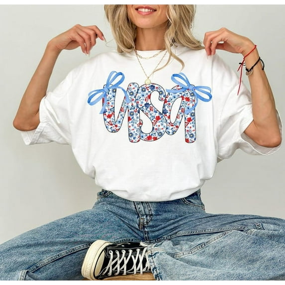 Coquette USA T-shirt, 4th of July T-shirt Women, Stars Stripes USA Flag T-shirt, Floral Patriotic T-shirt, Labor Day T-shirt.