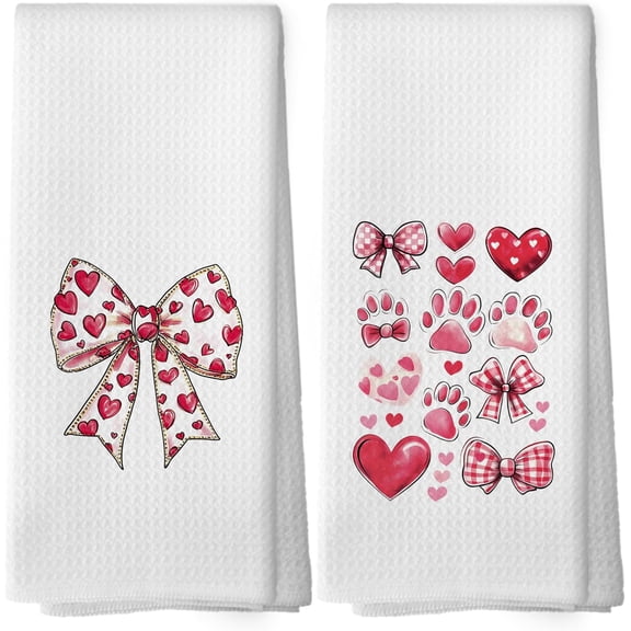 Coquette Valentines Bow Kitchen Towels - Preppy Girly Heart Dish Towels Gifts for Couple, Anniversary Holiday Decorative Absorbent Dishcloths Hand Towels Set of 2 for Dorm Decor 18x26 Inches