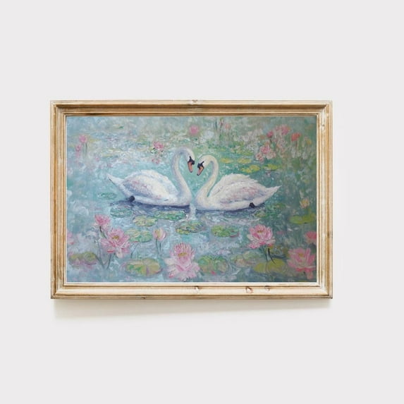 Coquette Valentines Love Swan Art Print, Spring Hosting Decor, Coquette Room Decor, Cottagecore Decor, Pastel Monet Art Wall Art, Modern Wall Decor, 24x36 UNFRAMED