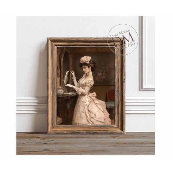 Coquette Victorian Girl In Pink Dress Dark Moody Wall Art Romantic Vanity Portrait Print Wall Art Modern Wall Decor