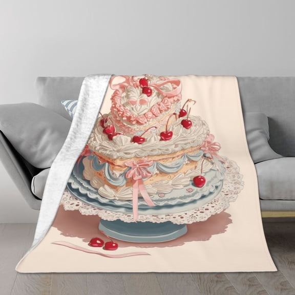 Coquette Vintage Cake Throw Blanket, Rococo Aesthetic Pink Ribbon & Frosting Design, Soft Plush Flannel Fleece for Sofa Bedroom Decor 50x40