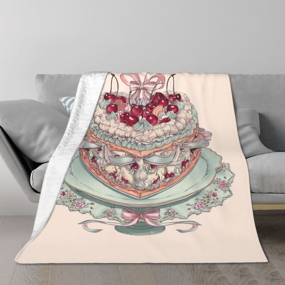 Coquette Vintage Cake Throw Blanket, Rococo Aesthetic Pink Ribbon & Frosting Design, Soft Plush Flannel Fleece for Sofa Bedroom Decor 50x40