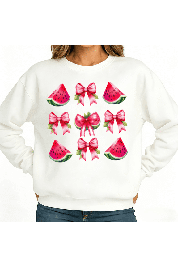 Coquette Watermelon Bow Womans Sweatshirt Graphic Sweatshirt Black White S-3XL Cottagecore Gift Loose Fit Crew Neck Tops