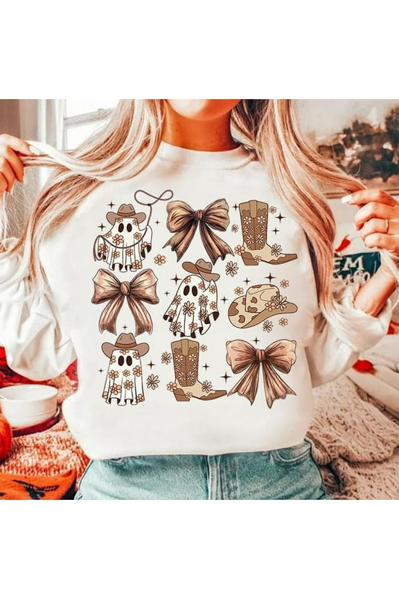Coquette Western Halloween Sweatshirt with Cowboy Ghost, Retro Spooky Season Vibes, Social Club Shirt, Girly Bow Aesthetic Fall Top BO120622