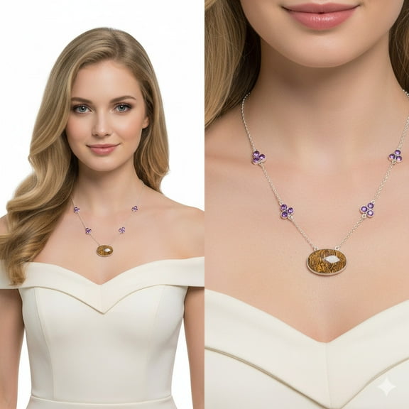 Coquina Fossil Jasper & Amethyst 925 Sterling Silver Necklace Jewelry SDN1411