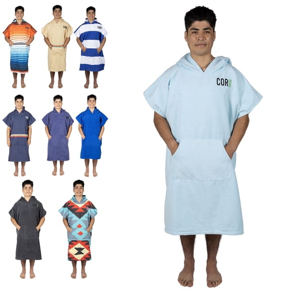Cor Surf Poncho Changing Towel Robe with Hood and Front Pocket Made of Dry Microfiber (Large, Light Blue)