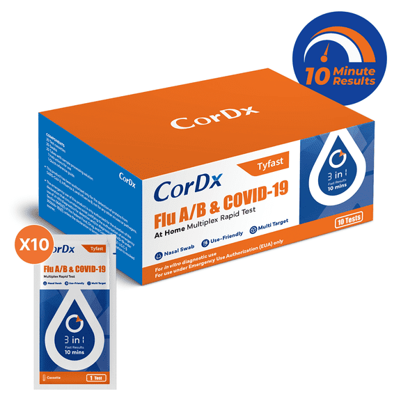 CorDx Tyfast At-Home Flu A/B and COVID-19 Rapid Test Kit, Easy, Accurate, Fast Results in 10 Minutes, (10-Pack)