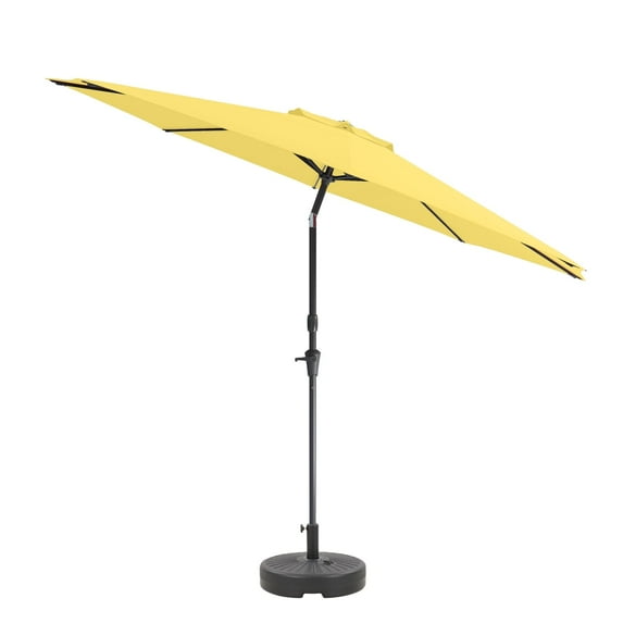CorLiving 10 Foot Wind Resistant Patio Umbrella, Outdoor Parasol with Crank Tilt, Round Market Umbrella with Base, for Patio, Umbrella with Crank, Tilt Umbrella, Outdoor Umbrella, Yellow