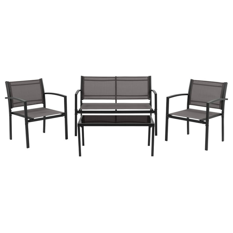 CorLiving 4 Piece Patio Conversation Set with Loveseat Single Chairs and Glass Tabletop Outdoor Furniture without Cushions for Small Spaces