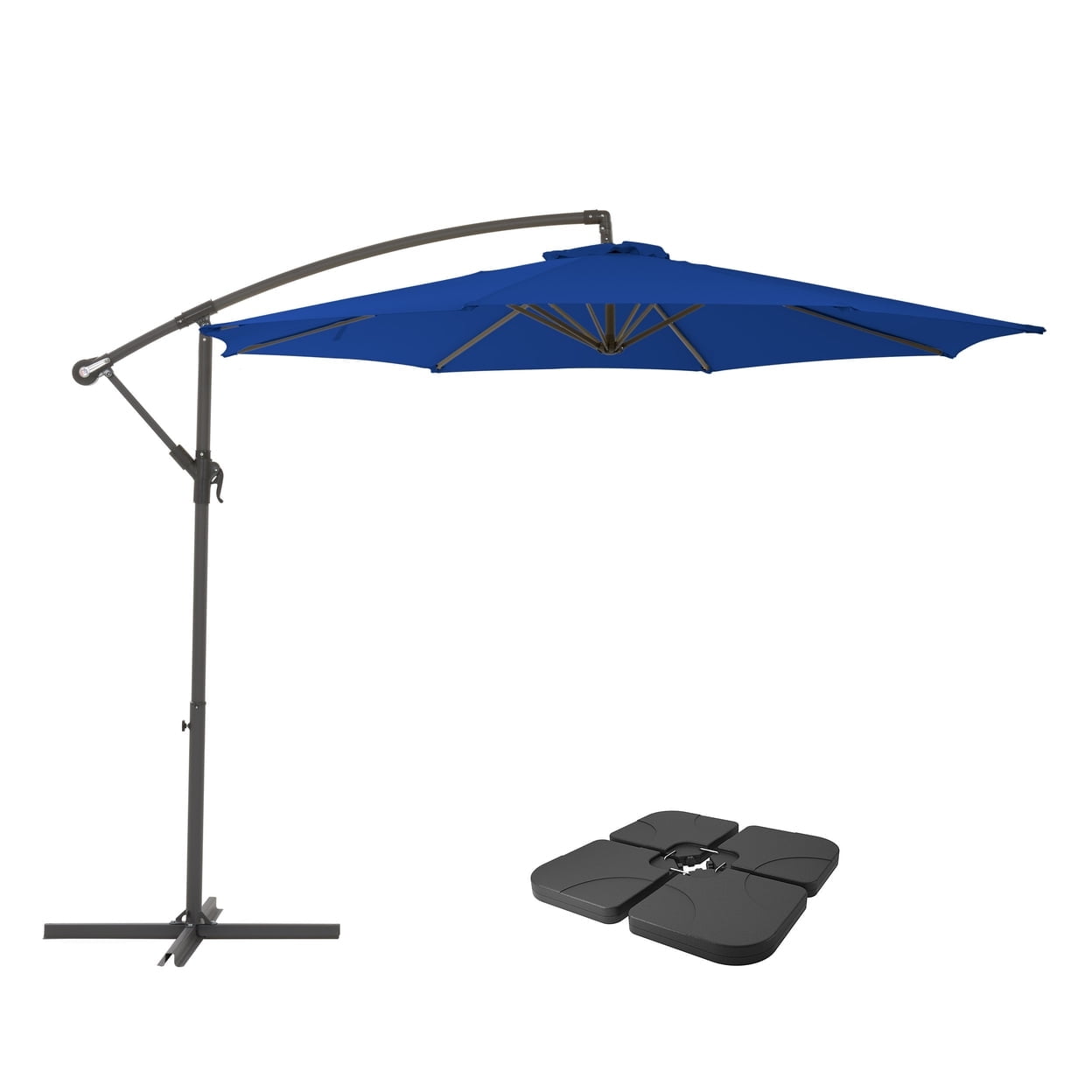 corliving 3m offset patio umbrella CorLiving 9.5ft Cobalt Blue Fabric Offset Patio Umbrella with Steel Frame &  Base