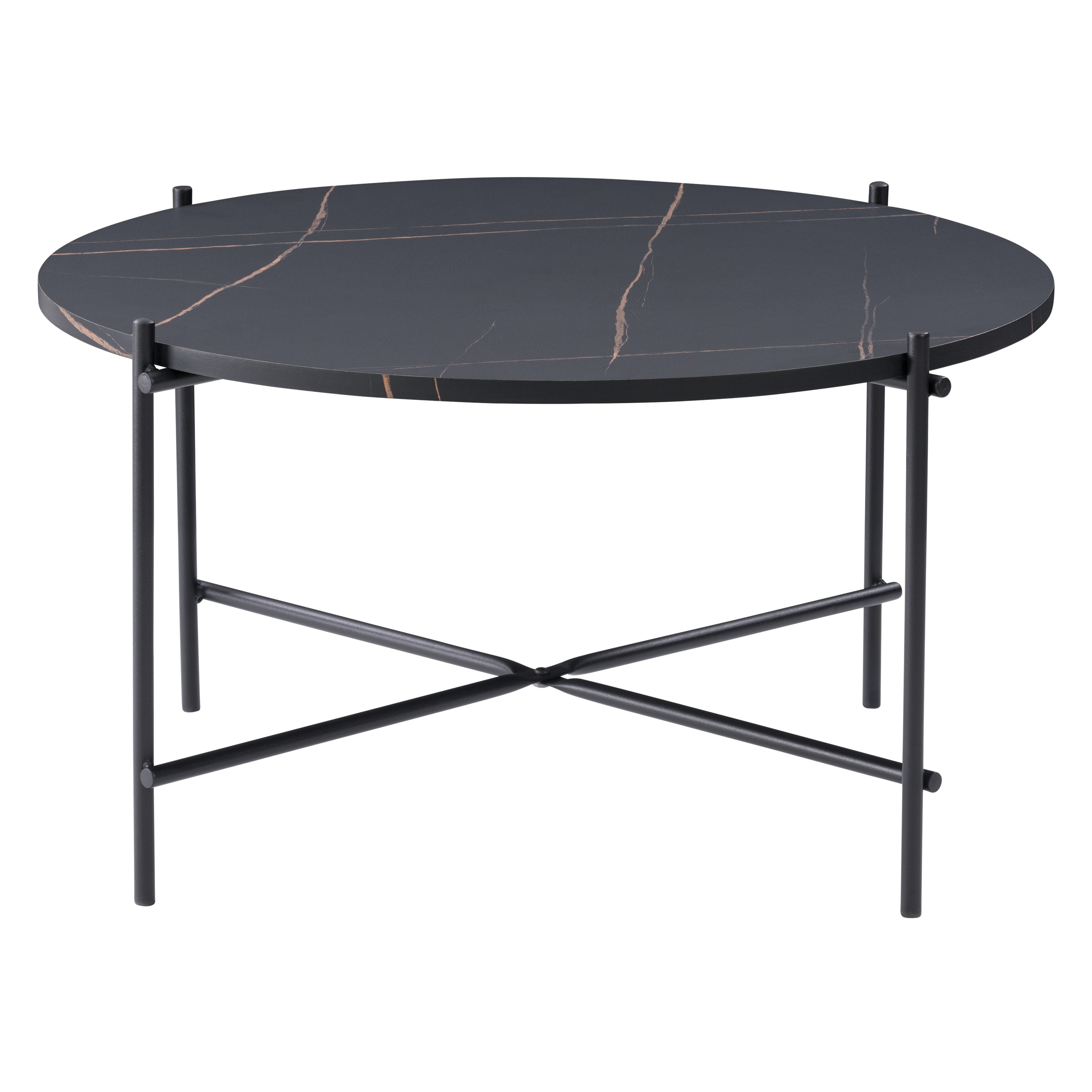 Modern Sleek Black Marbled Round Coffee Table with Metal Frame