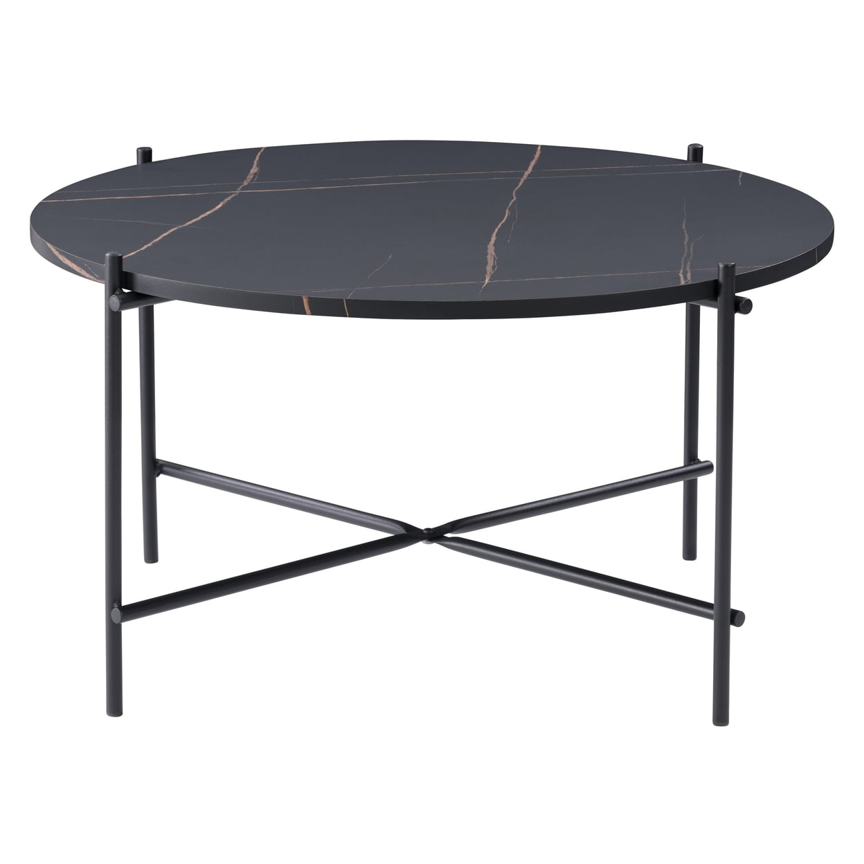 Modern Sleek Black Marbled Round Coffee Table with Metal Frame