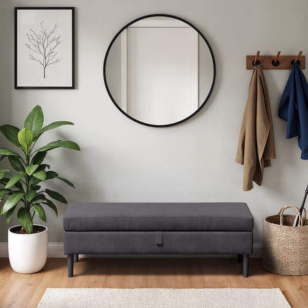 CorLiving Ashworth Graphite Grey Velvet Upholstered Bench Storage Ottoman with Wood Legs for Living Room, Entryway, and more