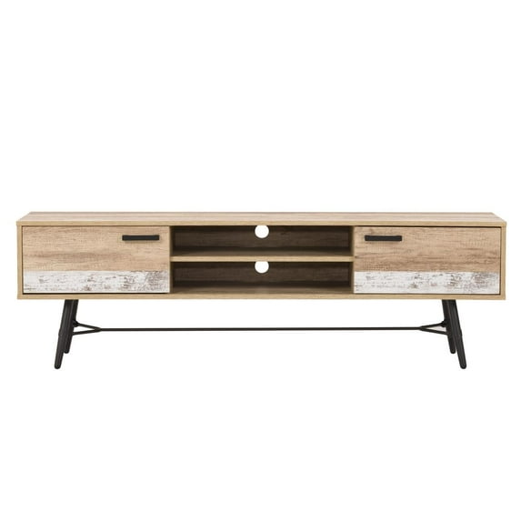 CorLiving Aurora Mid Century Modern Warm Beige and White Duotone TV Stand for Living Room for TVs up to 85-inches – 70" Long TV Stand with Storage, Rustic Entertainment Center, Mid-century TV Stand