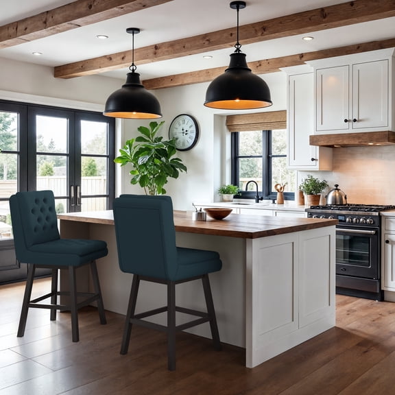 CorLiving Belmont Dark Blue Fabric Tufted Indoor Counter Height Bar Stools with Solid Wood Legs