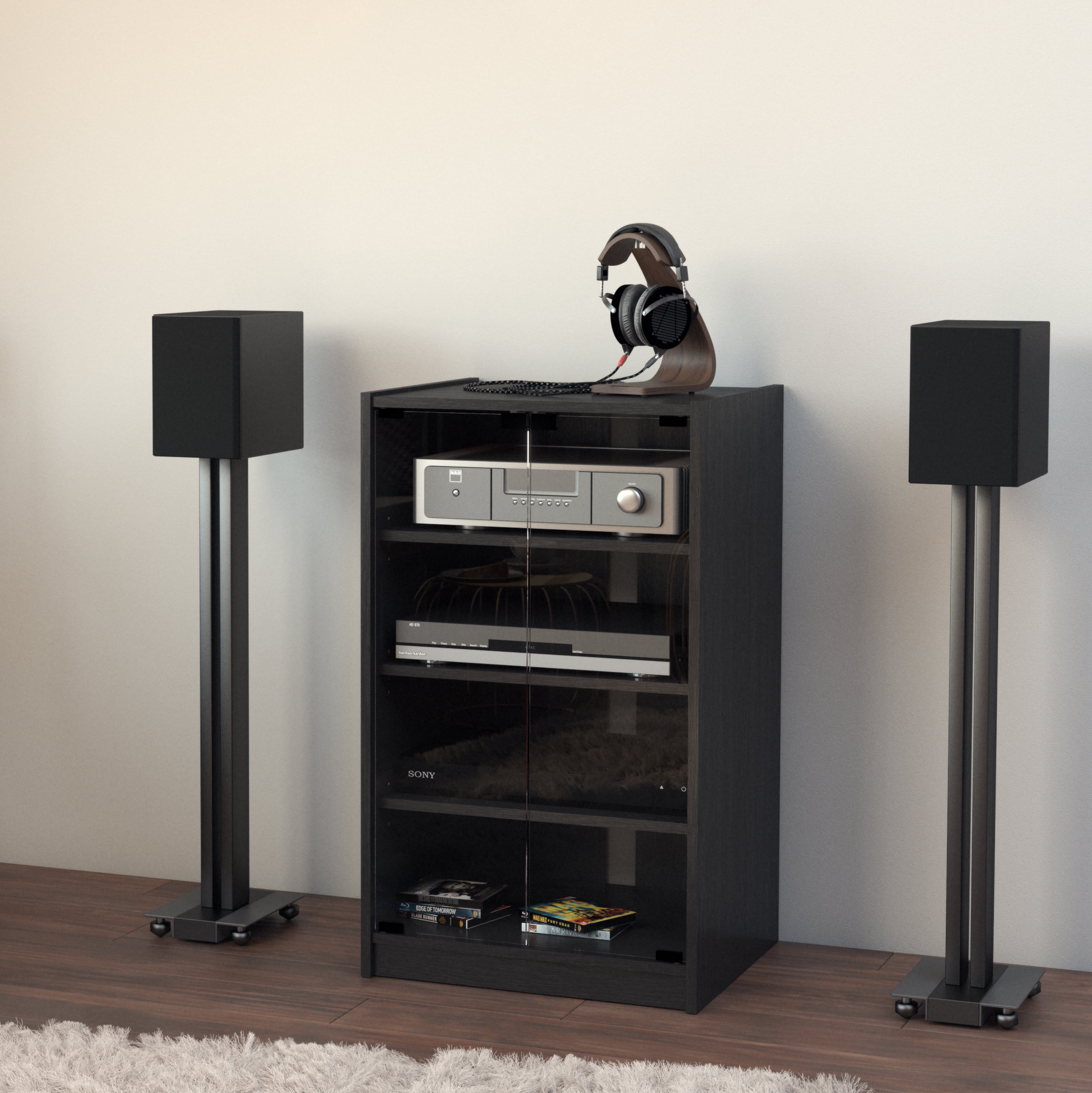 CorLiving Cranley Black Engineered Wood Media Cabinet with 3 Adjustable Shelves and 2 Glass Doors