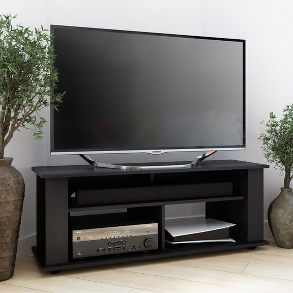 CorLiving Bakersfield Black Engineered Wood TV Stand with Open Shelves Including Sound Bar Space for TVs up to 55"
