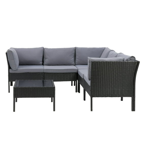 CorLiving Parksville 6-Piece Resin Wicker and Steel Patio Sectional Set with Square Glass Topped Coffee Table and Cushions