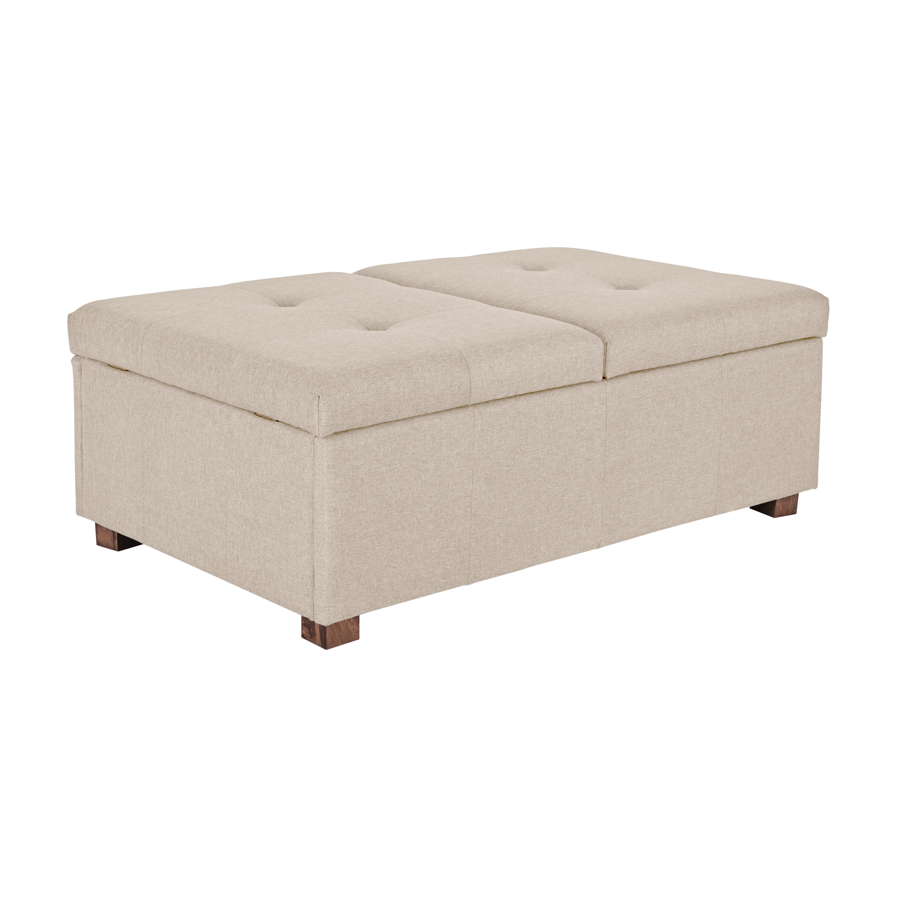 Beige Tufted Double Storage Ottoman with Solid Wood Legs