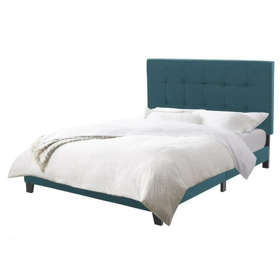 CorLiving Ellery Full Size Upholstered Platform Bed Frame with Tufted Headboard and Slats, Teal Blue