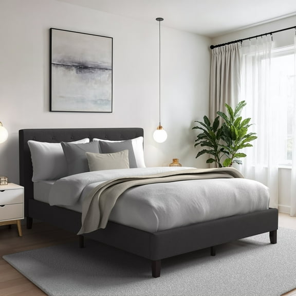 CorLiving Evelyn Dark Grey Upholstered Platform Queen Bed with Button Tufted Headboard - No BoxSpring Required