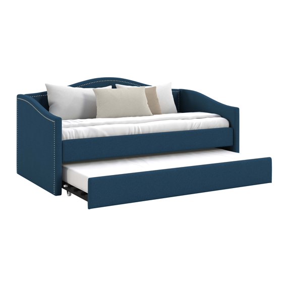 CorLiving Everly Modern Upholstered Twin Size Day Bed with Trundle and Nail Head Trim, Navy Blue