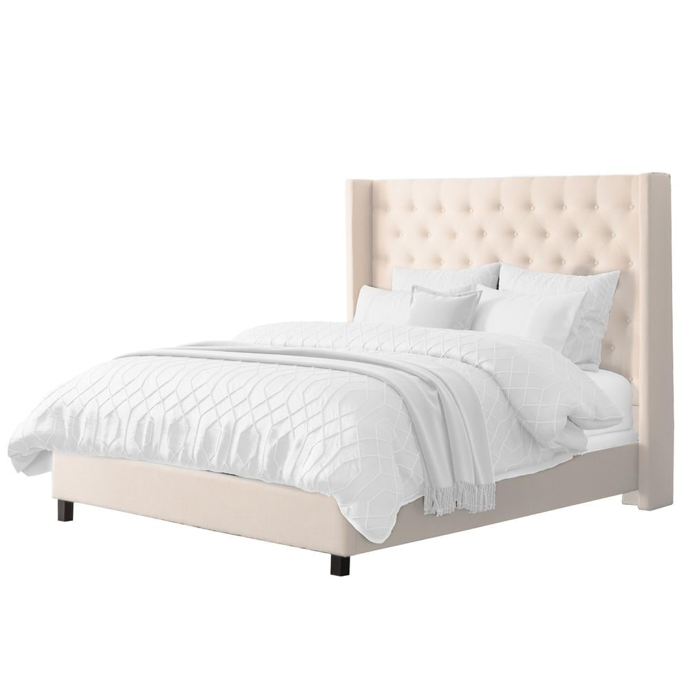 Fairfield Light Beige Upholstered Queen Platform Bed with Tufted Headboard