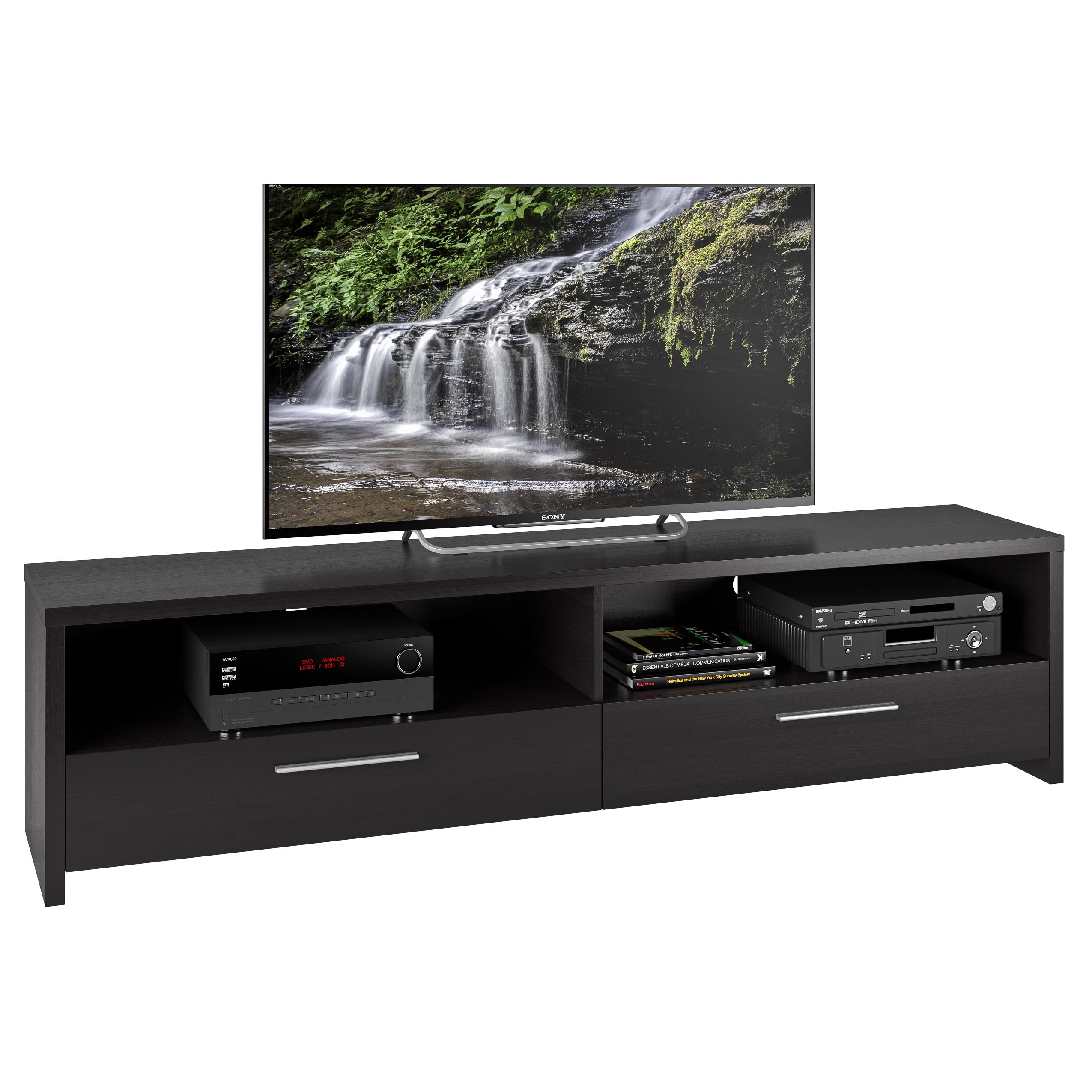 Black Faux Wood Grain 75'' TV Stand with Cabinet and Drawers