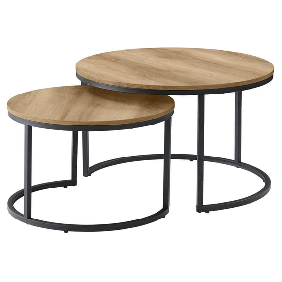 CorLiving Fort Worth Light Brown Faux Wood Grain Finish Engineered Wood Round Nesting Coffee Tables with Black Steel Base
