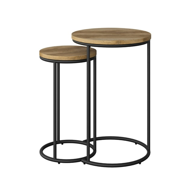 CorLiving Fort Worth Light Brown Faux Wood Grain Finish Engineered Wood Round Tall Nesting Side Tables with Black Steel Base